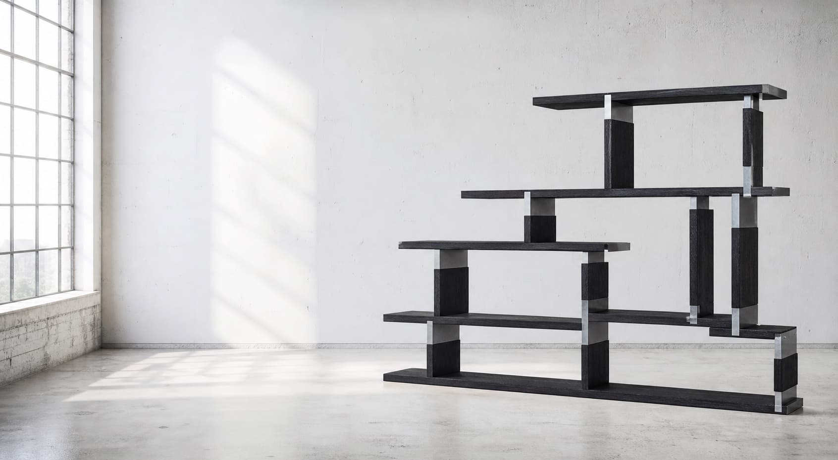 Dark timber shelving presented in a bright design studio.